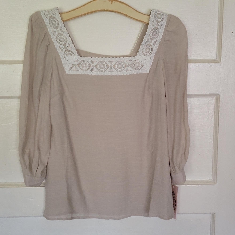 Nanette Lepore Lace Trim Square Neck 3/4 Sleeve Blouse